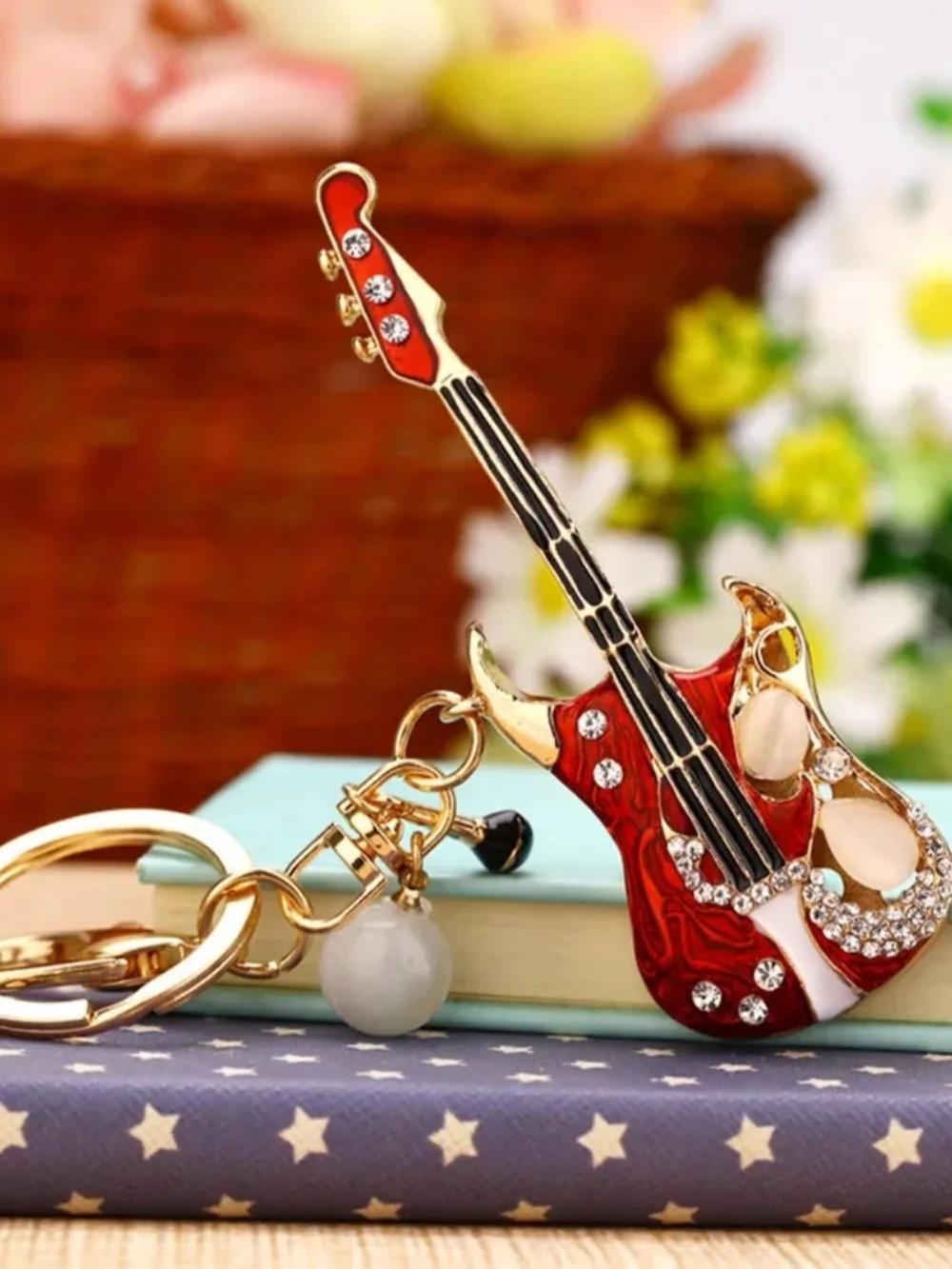 Red Guitar Enamel Keychain Charm - Fashionable Women’s Accessory